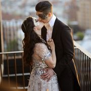 Photograph, Bride, Suit, Dress, Wedding dress, Gown, Yellow, Romance, Ceremony, Formal wear, 