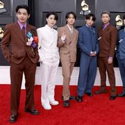 las vegas, nevada   april 03 l r v, suga, jin, jungkook, rm, jimin and j hope of bts attend the 64th annual grammy awards at mgm grand garden arena on april 03, 2022 in las vegas, nevada photo by frazer harrisongetty images for the recording academy